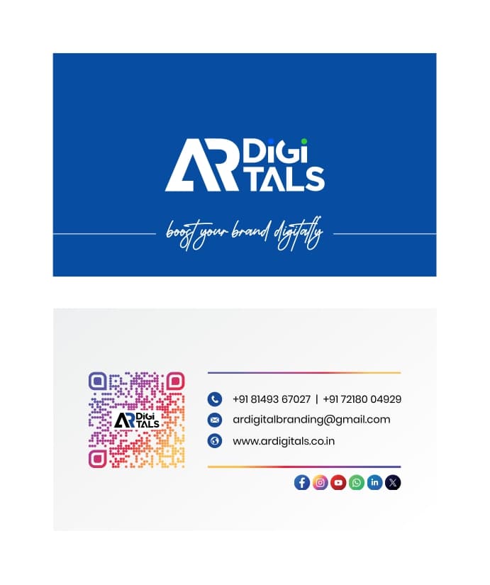 AR Digitals visiting card with phone numbers, email, website, and social links